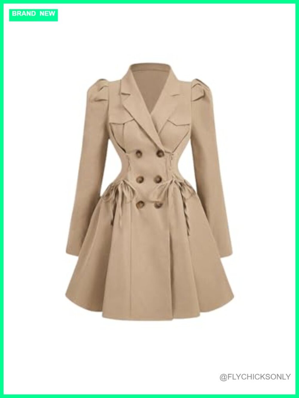 Women's Trench Coat Lapel Double Breasted Puff Sleeve A-Line Jacket